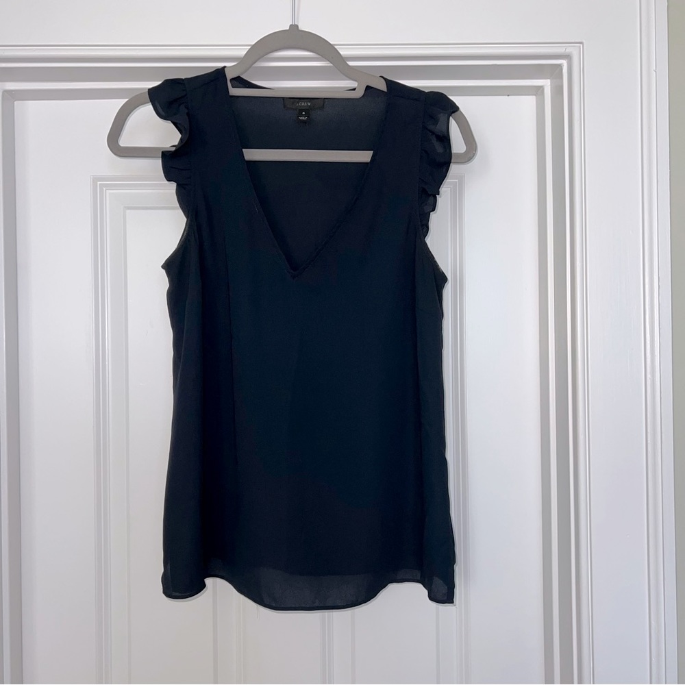 Jcrew navy blouse with ruffle sleeve